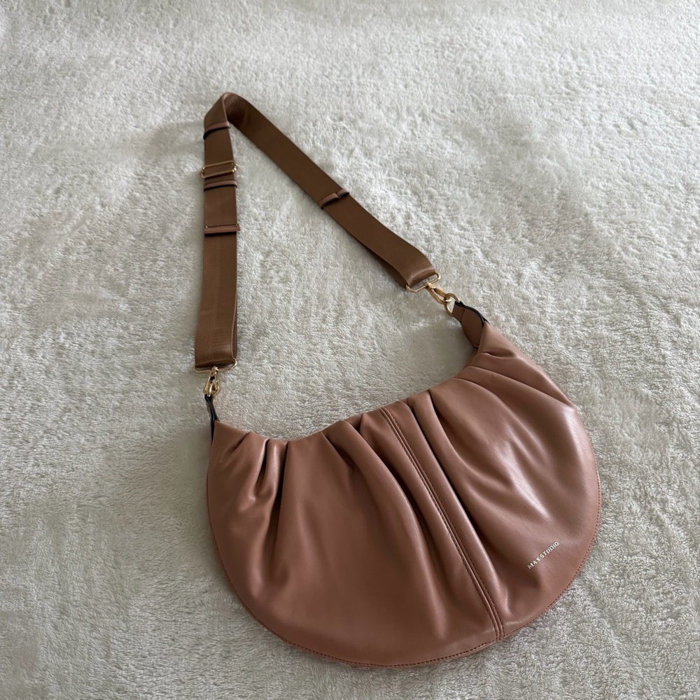 Max Studio Vegan Leather Tan Brown Crescent Crossbody Handbag